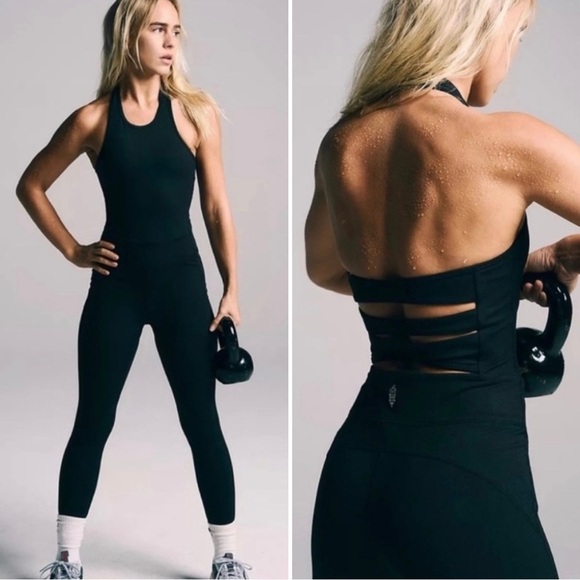 RARE FP Movement End Zone One Piece Sz M Black Halter Cutout Active Jumpsuit